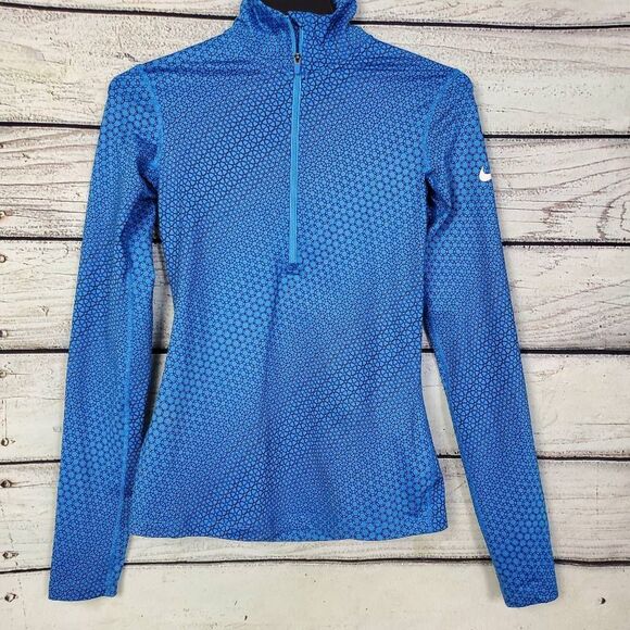 Nike Dri-Fit Women’s Long Sleeve 1/4 Zip Pullover Top Size XS Blue Geometric Pri - Picture 1 of 7